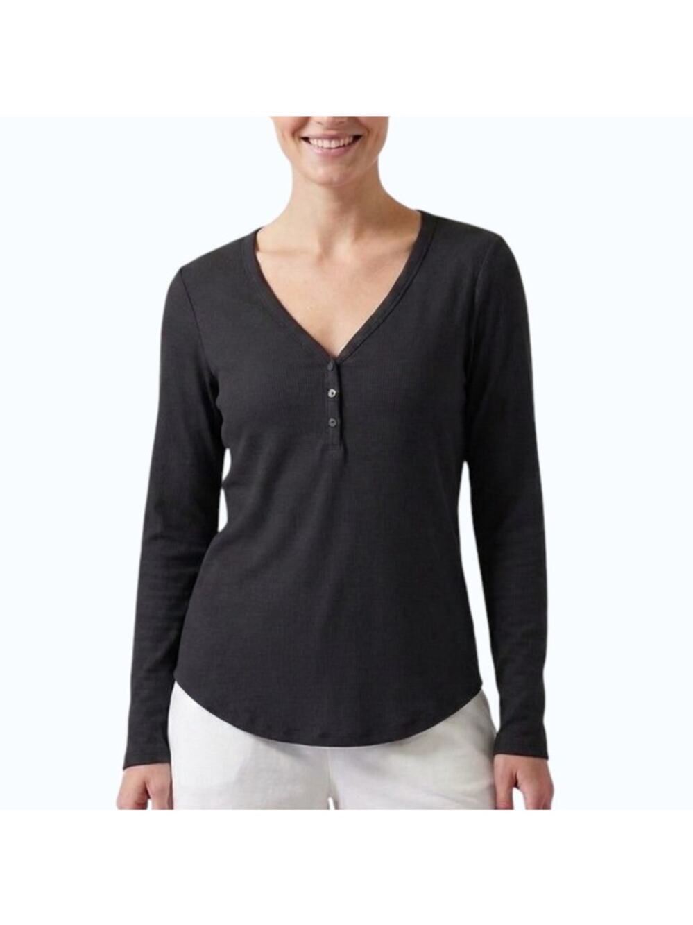 Athleta Wind Down Sleep Top Black Ribbed Henley Women Size L NWT